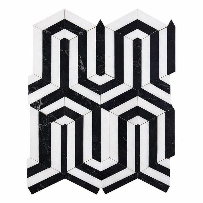 Thassos White (Greek) Marble Honed Mosaic Berlinetta Design (w/ Black)