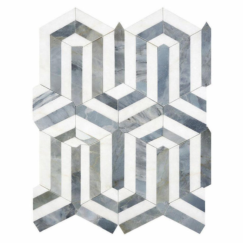 Thassos White (Greek) Marble Honed Mosaic Berlinetta Design (w/ Blue-Gray)