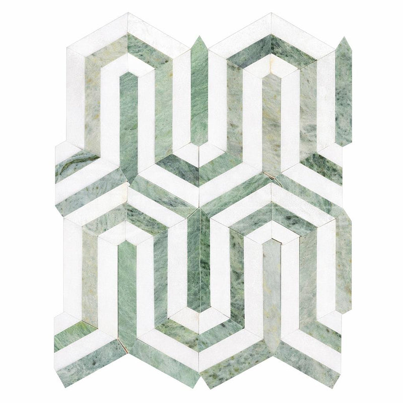 Thassos White (Greek) Marble Honed Mosaic Berlinetta Design (w/ Ming-Green)
