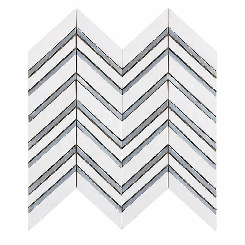 Thassos White (Greek) Marble Honed Chevron Mosaic Chevron (LARGE) (w/ Blue-Gray)