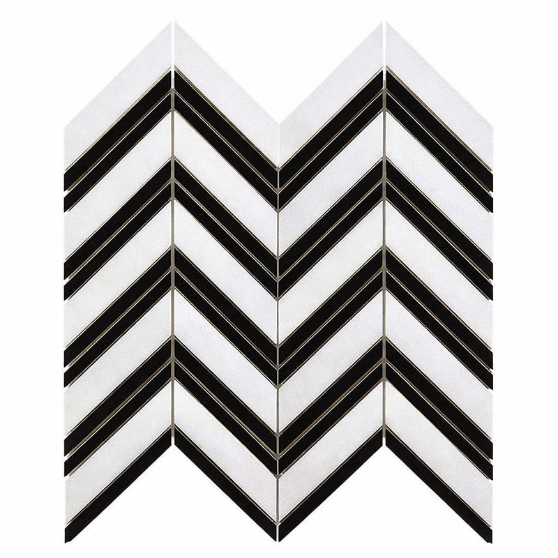 Thassos White (Greek) Marble Honed Chevron Mosaic Chevron (LARGE) (w/ Black)