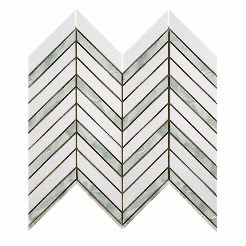 Thassos White (Greek) Marble Honed Chevron Mosaic Chevron (LARGE) (w/ Ming-Green)