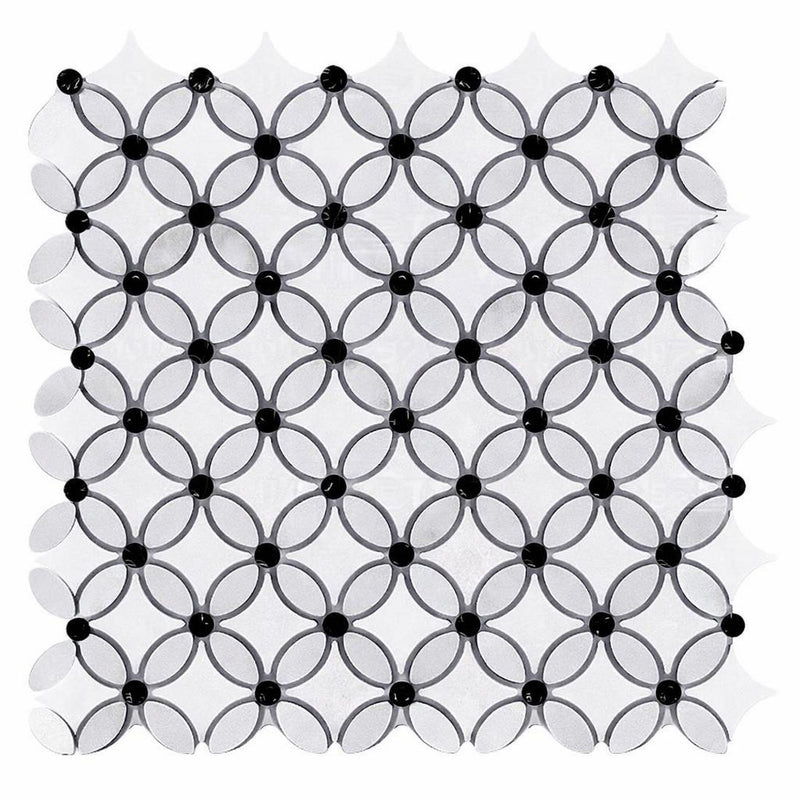 Thassos White (Greek) Marble Honed Florida Flower Mosaic (Thassos + White Carrara (Oval) + Black (Dots))