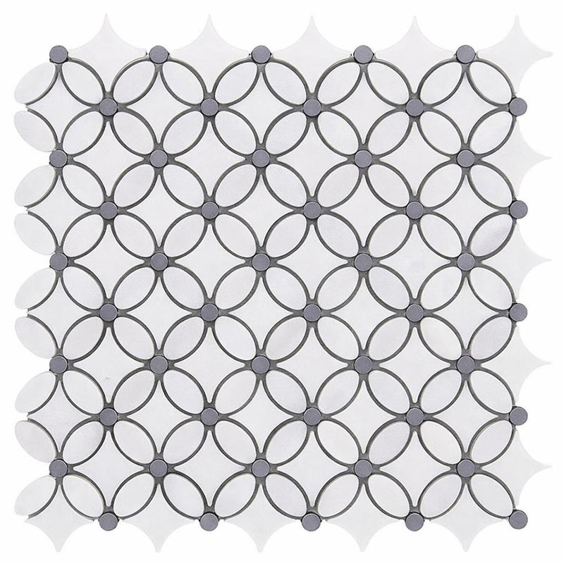 Thassos White (Greek) Marble Honed Florida Flower Mosaic (Thassos + White Carrara (Oval) + Blue-Gray (Dots))