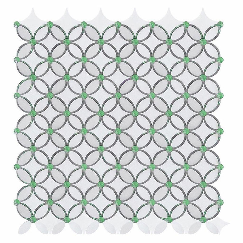 Thassos White (Greek) Marble Honed Florida Flower Mosaic (Thassos + White Carrara (Oval) + Ming Green (Dots))