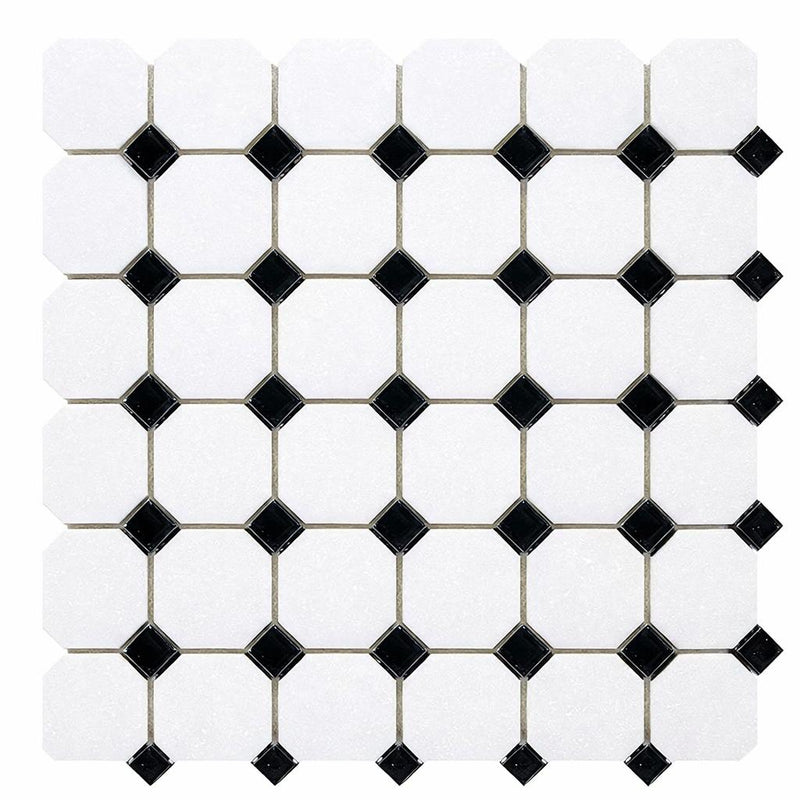 Thassos White (Greek) Marble Honed Octagon Mosaic (w/ Black)