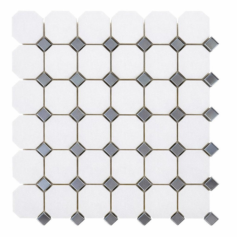 Thassos White (Greek) Marble Honed Octagon Mosaic (w/ Blue-Gray)