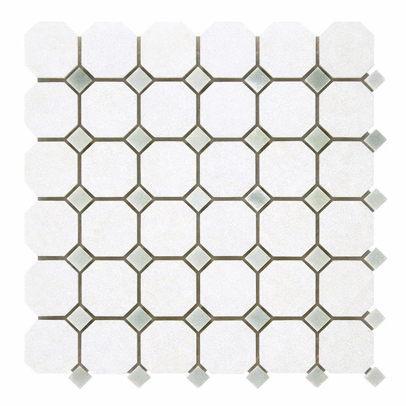 Thassos White (Greek) Marble Honed Octagon Mosaic (w/ Ming Green)