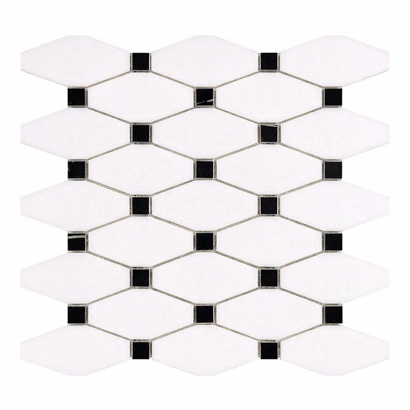Thassos White (Greek) Marble Honed Octave Mosaic Octave (Long Octagon) Mosaic (w/ Black)