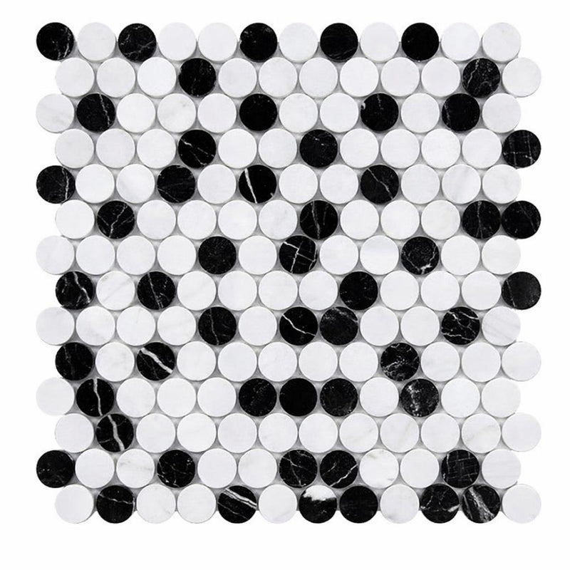 Thassos White (Greek) Marble Honed Penny-Round Mosaic (Carrara + Thassos + Black)