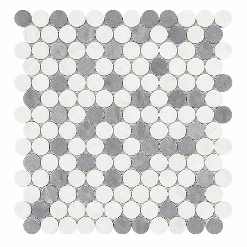 Thassos White (Greek) Marble Honed Penny-Round Mosaic (Carrara + Thassos + Blue-Gray)