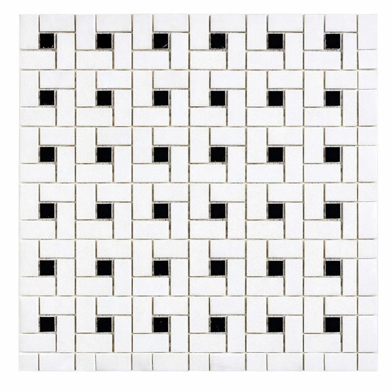 Thassos White (Greek) Marble Honed Pinwheel Mosaic (w/ Black)
