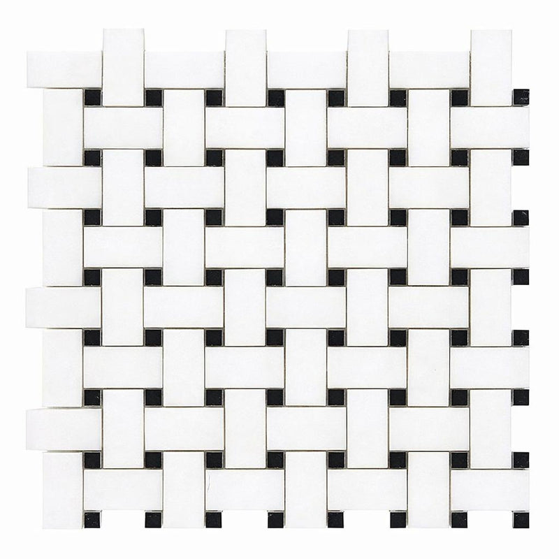 Thassos White (Greek) Thassos White Marble Polished / Honed Basketweave Mosaic Basketweave Mosaic (w/ Black)