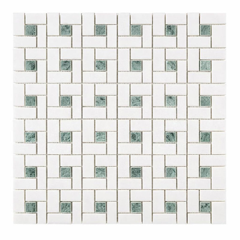 Thassos White (Greek) Marble Honed Pinwheel Mosaic (w/ Ming Green)