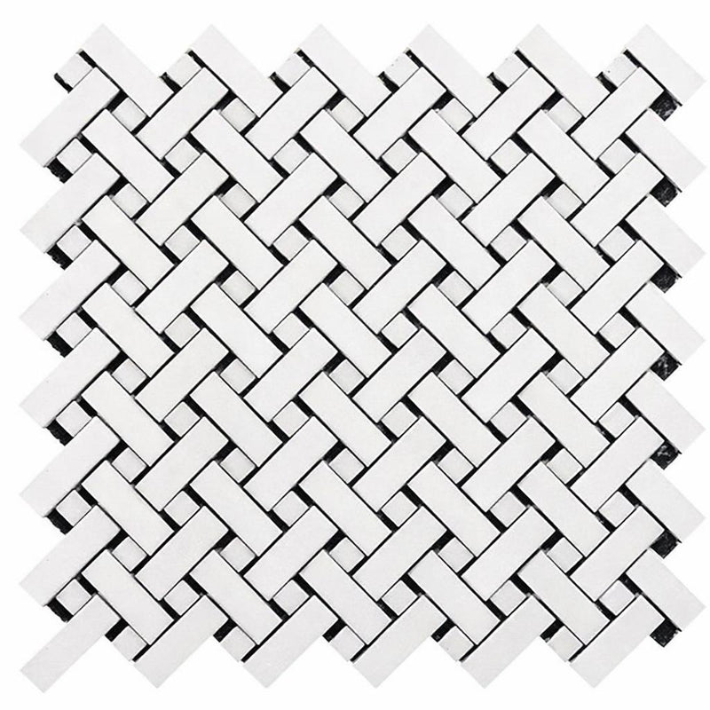 Thassos White (Greek) Marble Honed Stanza Mosaic (w/ Black)