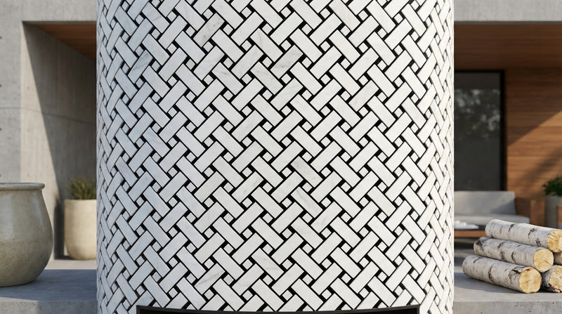 Thassos White (Greek) Marble Honed Stanza Mosaic (w/ Black)