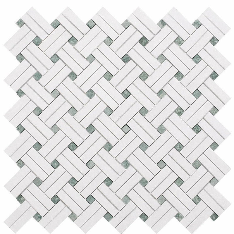 Thassos White (Greek) Marble Honed Stanza Mosaic (w/ Ming Green)