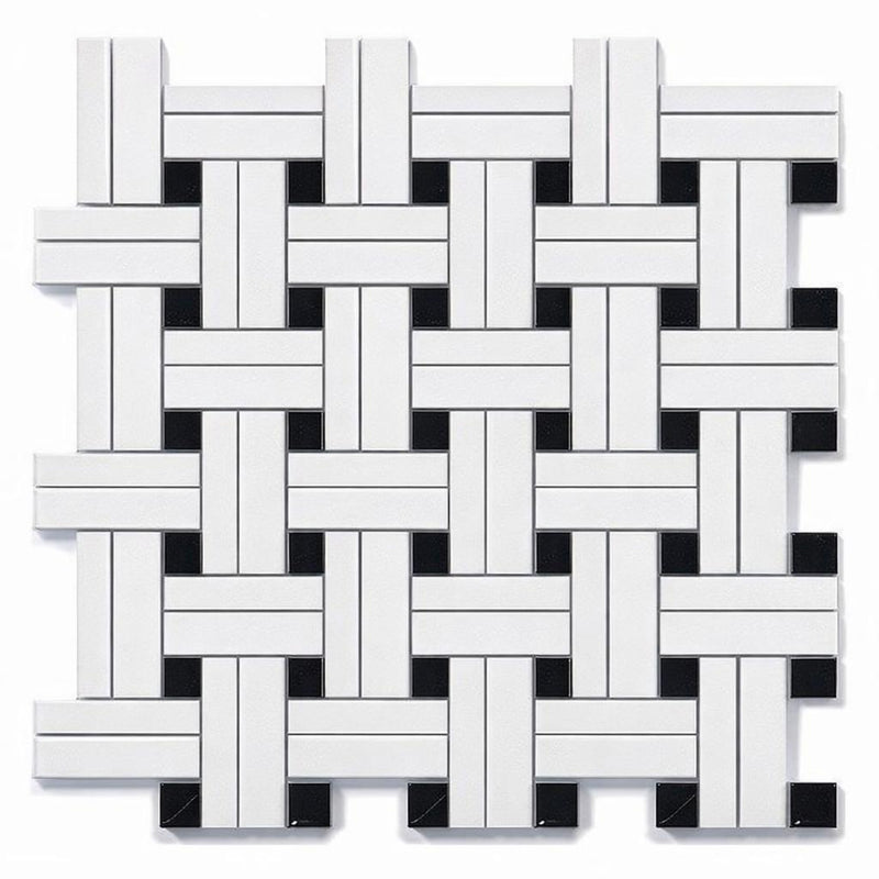Thassos White (Greek) Marble Honed Mosaic Triple-Weave (w/ Black)
