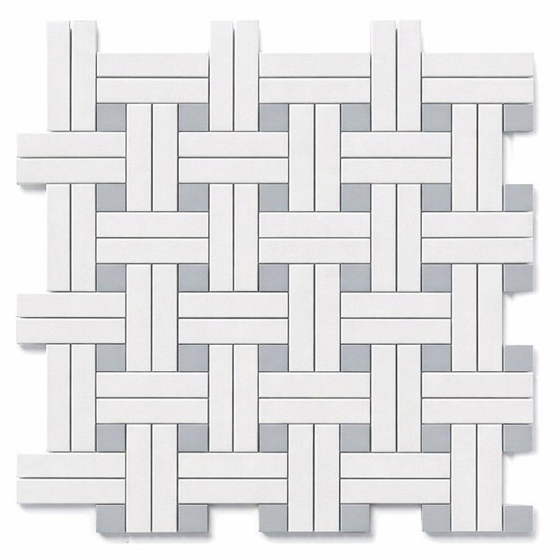 Thassos White (Greek) Marble Honed Mosaic Triple-Weave (w/ Blue-Gray)