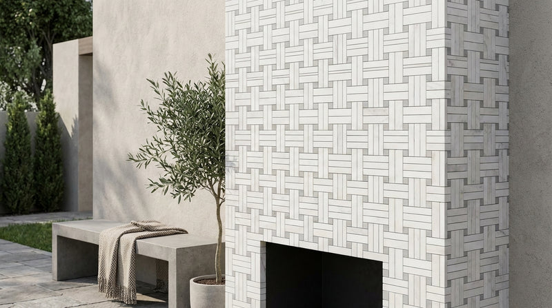 Thassos White (Greek) Marble Honed Mosaic Triple-Weave (w/ Blue-Gray)