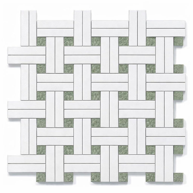 Thassos White (Greek) Marble Honed Mosaic Triple-Weave (w/ Ming Green)