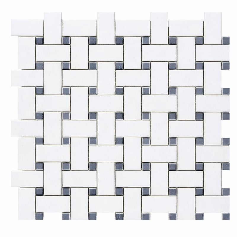 Thassos White (Greek) Marble Honed Basketweave Mosaic (w/ Blue-Gray)