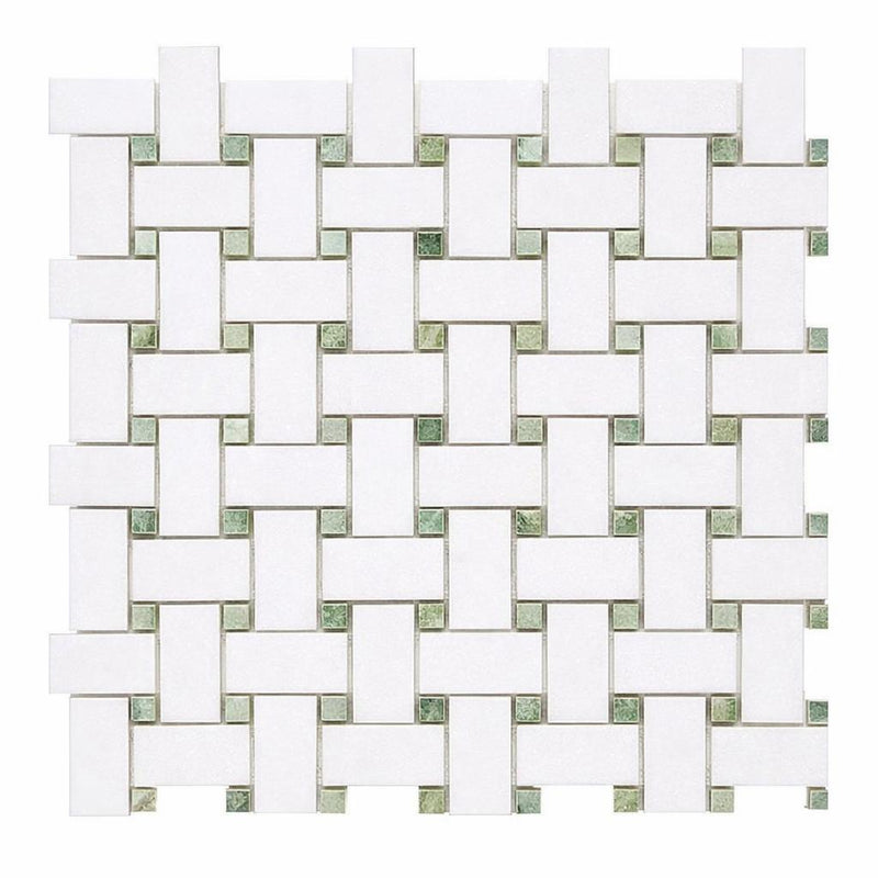 Thassos White (Greek) Thassos White Marble Polished / Honed Basketweave Mosaic Basketweave Mosaic (w/ Ming Green)