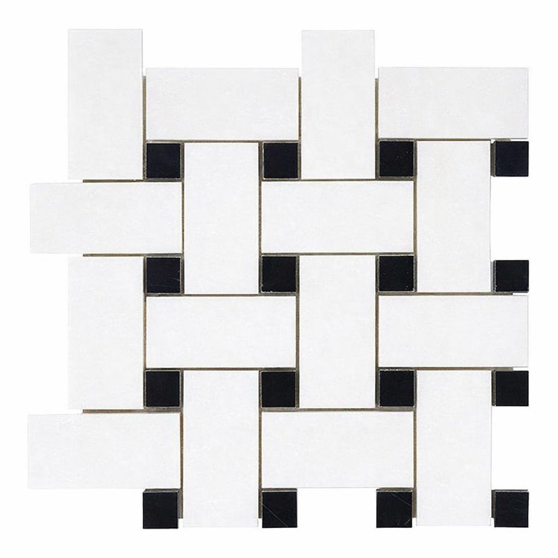 Thassos White (Greek) Thassos White Marble Polished / Honed Basketweave Mosaic Basketweave Mosaic (w/ Black) - (LARGE)
