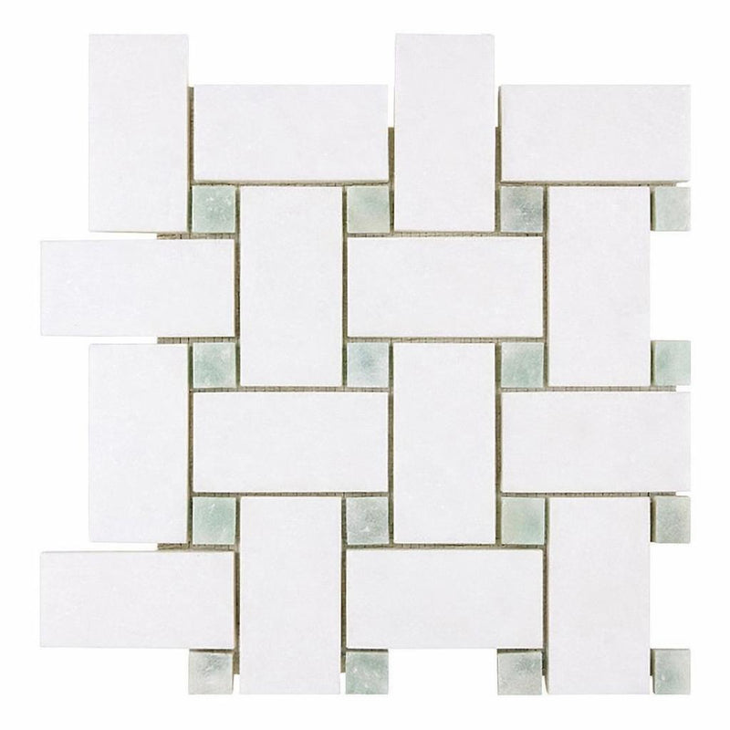 Thassos White (Greek) Thassos White Marble Polished / Honed Basketweave Mosaic Basketweave Mosaic (w/ Blue-Gray) - (LARGE)