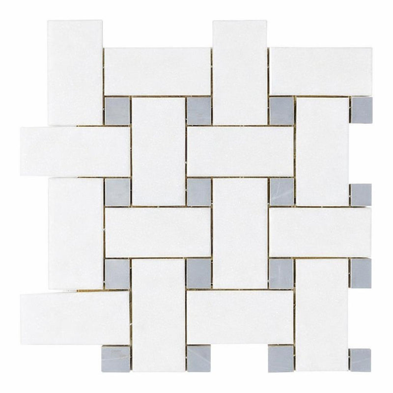 Thassos White (Greek) Thassos White Marble Polished / Honed Basketweave Mosaic Basketweave Mosaic (w/ Ming-Green) - (LARGE)