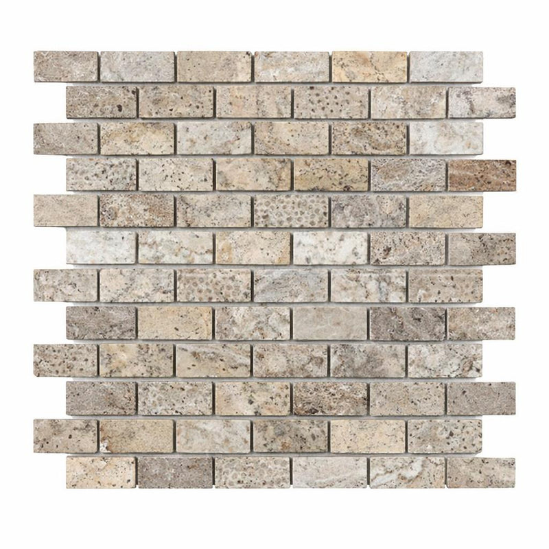 Silver (Pewter Blend) Travertine 1x2 Tumbled Travertine Brick Joint Mosaic Brick Mosaic