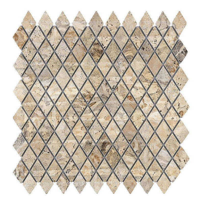 Silver (Pewter Blend) Travertine 1x2 Tumbled Travertine Diamond / Rhomboid Mosaic