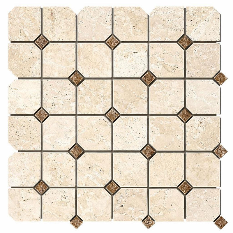 Ivory / Light Travertine Cream Tumbled Basketweave Mosaic w/ Noce Dots