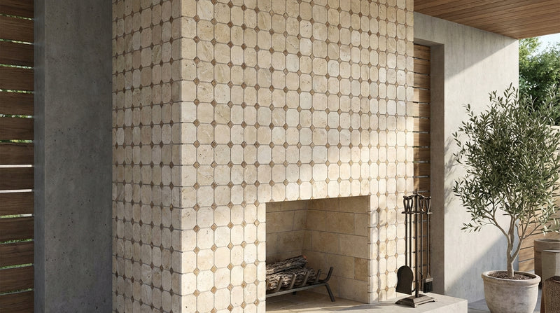 Ivory / Light Travertine Cream Tumbled Basketweave Mosaic w/ Noce Dots