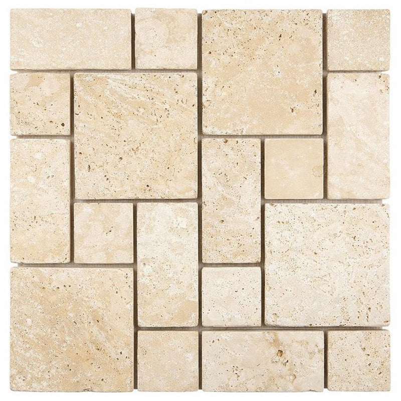 Ivory / Light Travertine Cream Tumbled 3-pcs. Mini-Pattern Mosaic (Non-Interlocking)