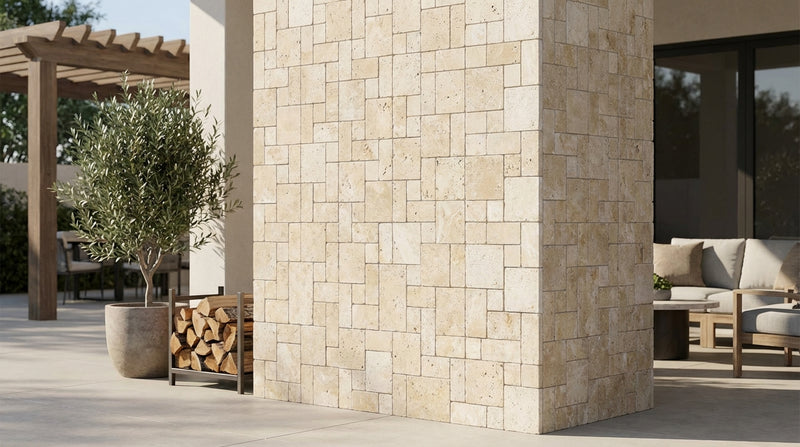 Ivory / Light Travertine Cream Tumbled OPUS Mini-Pattern Mosaic OPUS Mini-Pattern (4 pcs.) Mosaic (Interlocking)