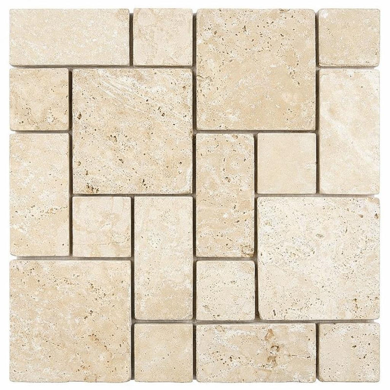 Ivory / Light Travertine Cream Tumbled Mosaic Micro-Pattern (Mini-Versailles)