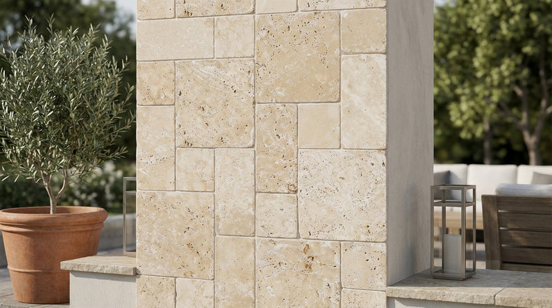 Ivory / Light Travertine Cream Tumbled Mosaic Micro-Pattern (Mini-Versailles)