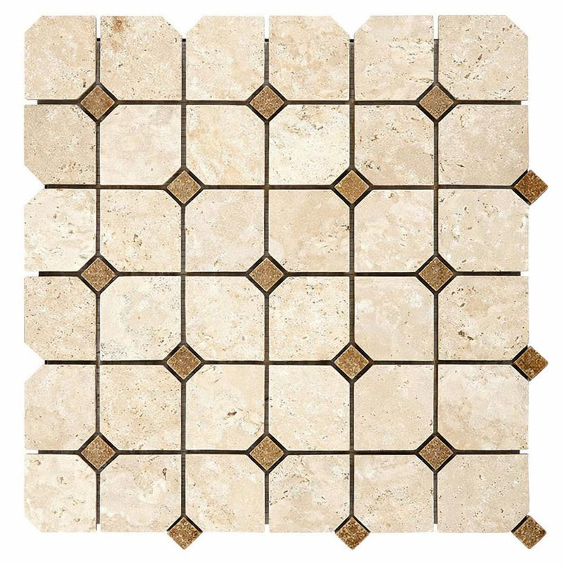 Ivory / Light Travertine Cream Tumbled Octagon Mosaic w/ Noce Dots