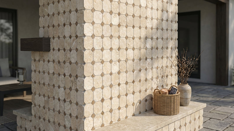 Ivory / Light Travertine Cream Tumbled Octagon Mosaic w/ Noce Dots