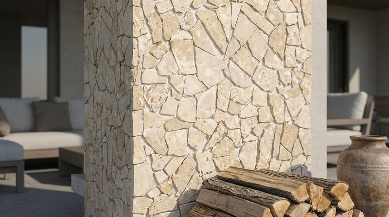 Ivory / Light Travertine Cream Tumbled Flat Pebble / Paledian Mosaic Flat Pebble / Paledian (Random Broken) Mosaic