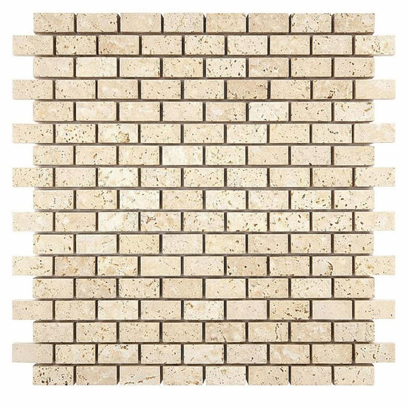 Ivory / Light Travertine 5/8x1 1/4 Cream Tumbled Brick Joint Mosaic Mini-Brick Mosaic