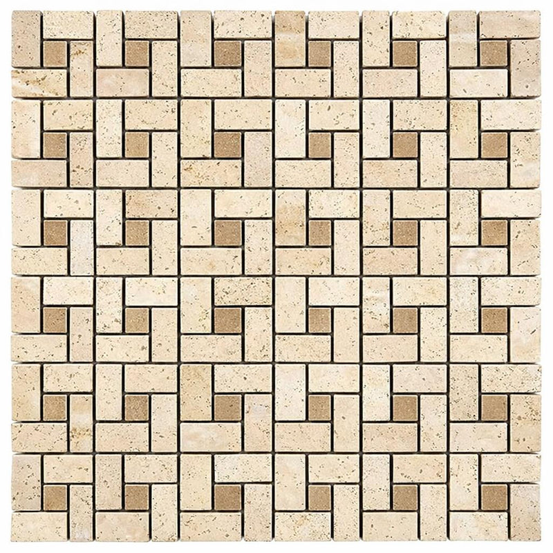 Ivory / Light Travertine 5/8x1 1/4 Cream Tumbled Pinwheel Mosaic Pinwheel (MINI) Mosaic w/ Noce Dots