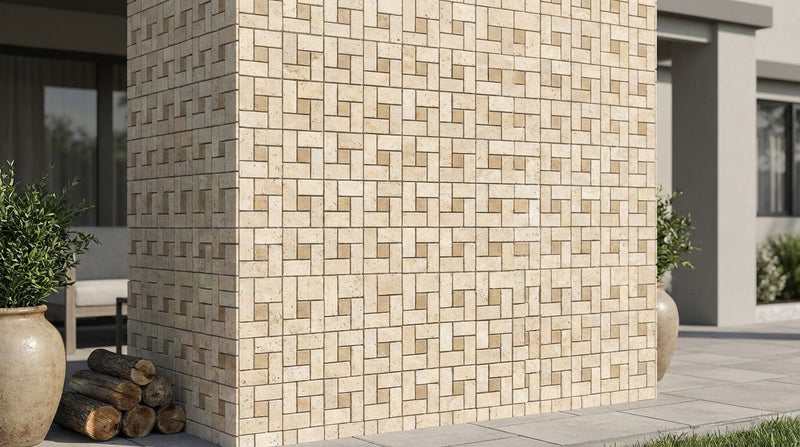 Ivory / Light Travertine 5/8x1 1/4 Cream Tumbled Pinwheel Mosaic Pinwheel (MINI) Mosaic w/ Noce Dots