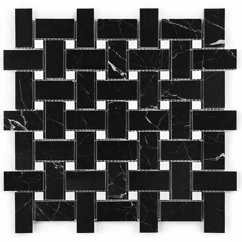 Nero Marquina (Black) Marble Honed Basketweave Mosaic w/ White Dots
