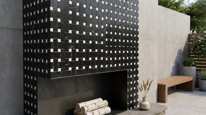 Nero Marquina (Black) Marble Honed Basketweave Mosaic w/ White Dots