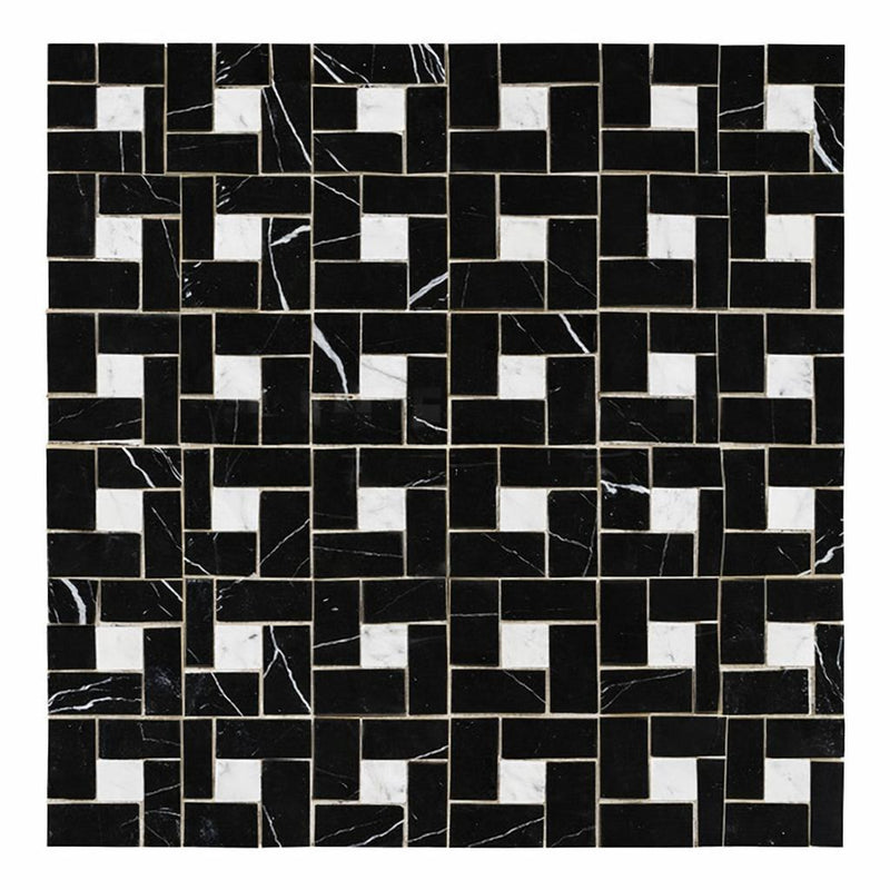 Nero Marquina (Black) Marble Honed Pinwheel Mosaic Pinwheel (Mini) Mosaic w/ White Dots