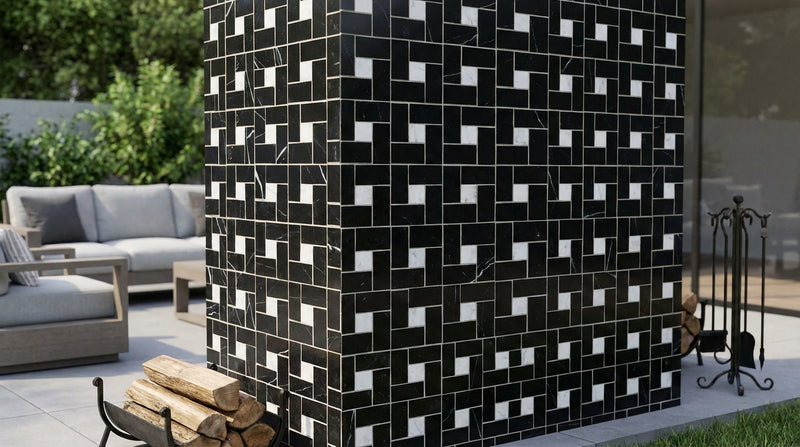 Nero Marquina (Black) Marble Honed Pinwheel Mosaic Pinwheel (Mini) Mosaic w/ White Dots