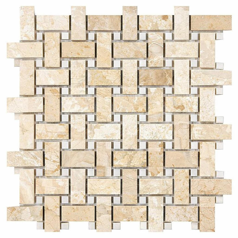 Diano Royal (Queen Beige) Marble Polished Basketweave Mosaic (w/ White Dolomite)