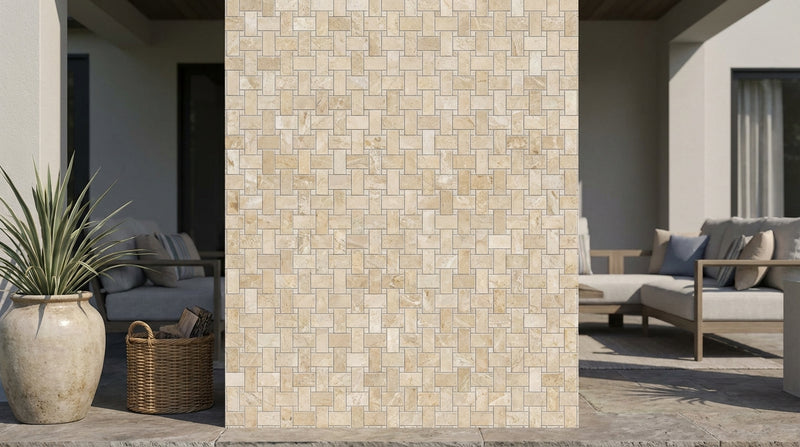 Diano Royal (Queen Beige) Marble Polished Basketweave Mosaic (w/ White Dolomite)